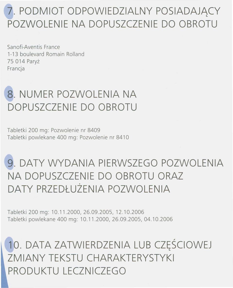 DATY WYDANIA PIERWSZEGO POZWOLENIA NA DOPUSZCZENIE DO OBROTU ORAZ DATY PRZEDŁUZENIA POZWOLENIA Tabletki 200 mg: 10.