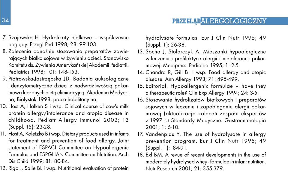 Badania auksologiczne i denzytometryczne dzieci z nadwrażliwością pokarmową leczonych dietą eliminacyjną. Akademia Medyczna, Białystok 1998, praca habilitacyjna. 10. Host A, Halken S i wsp.