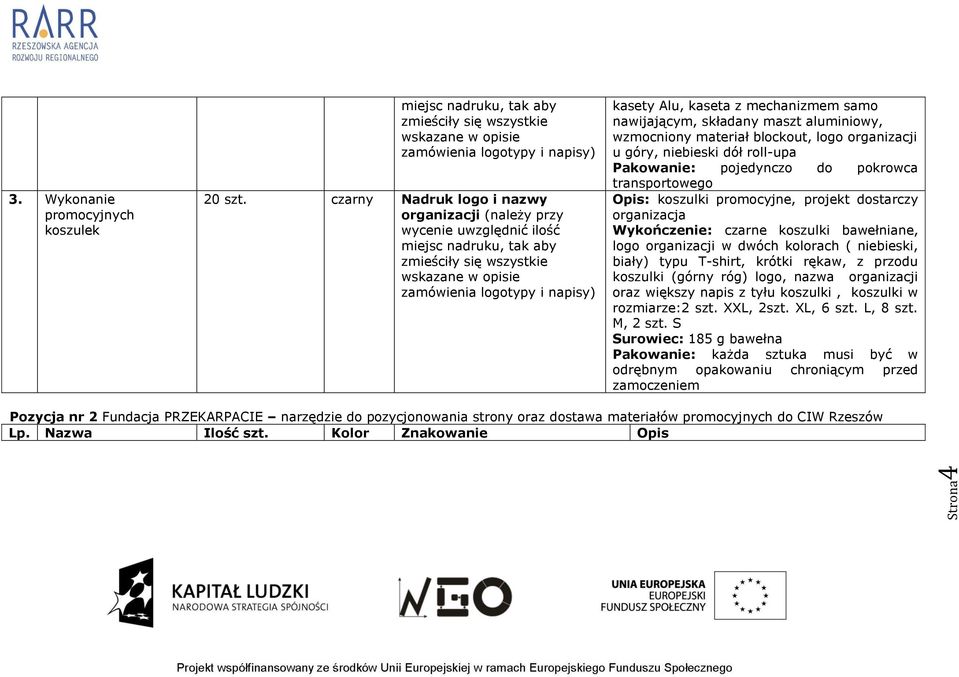 logo organizacji u góry, niebieski dół roll-upa Pakowanie: pojedynczo do pokrowca transportowego Opis: koszulki promocyjne, projekt dostarczy organizacja Wykończenie: czarne koszulki bawełniane, logo