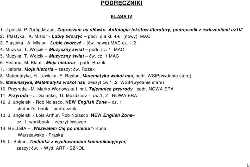 Błaut - Moja historia podr. RoŜak 7. Historia, Moja historia zeszyt ćw. RoŜak 8. Matematyka, H. Lewicka, E. Rasłon, Matematyka wokół nas, podr. WSiP(wydanie stare) 9.