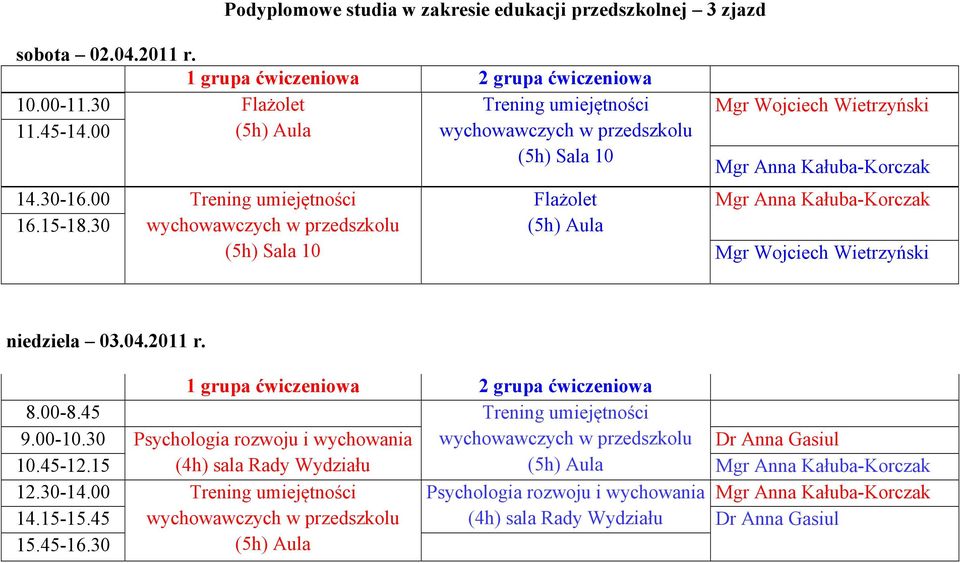 30 wychowawczych w przedszkolu (5h) Sala 10 Flażolet Mgr Wojciech Wietrzyński niedziela 03.04.2011 r. 8.00-8.45 Trening umiejętności 9.00-10.