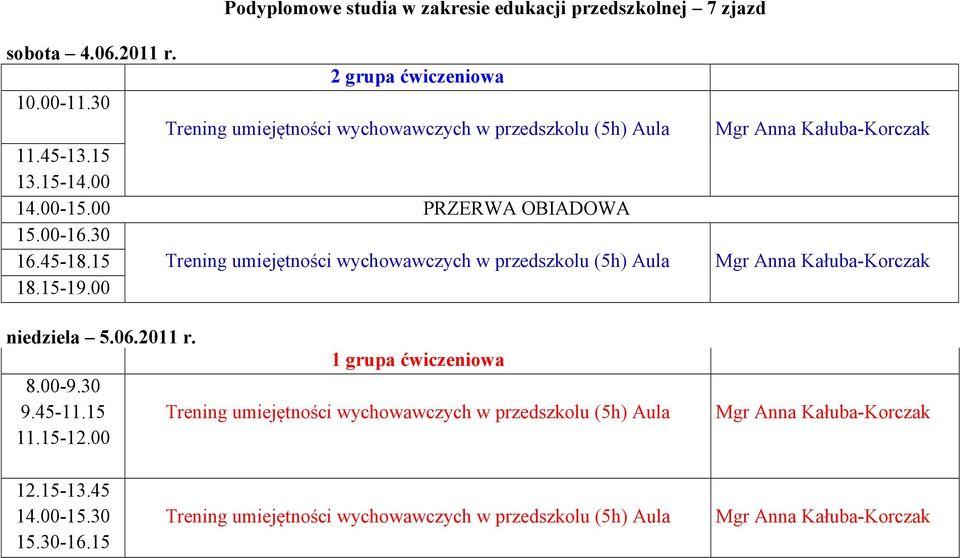 45-18.15 Trening umiejętności wychowawczych w przedszkolu 18.15-19.00 niedziela 5.06.2011 r. 11.15-12.