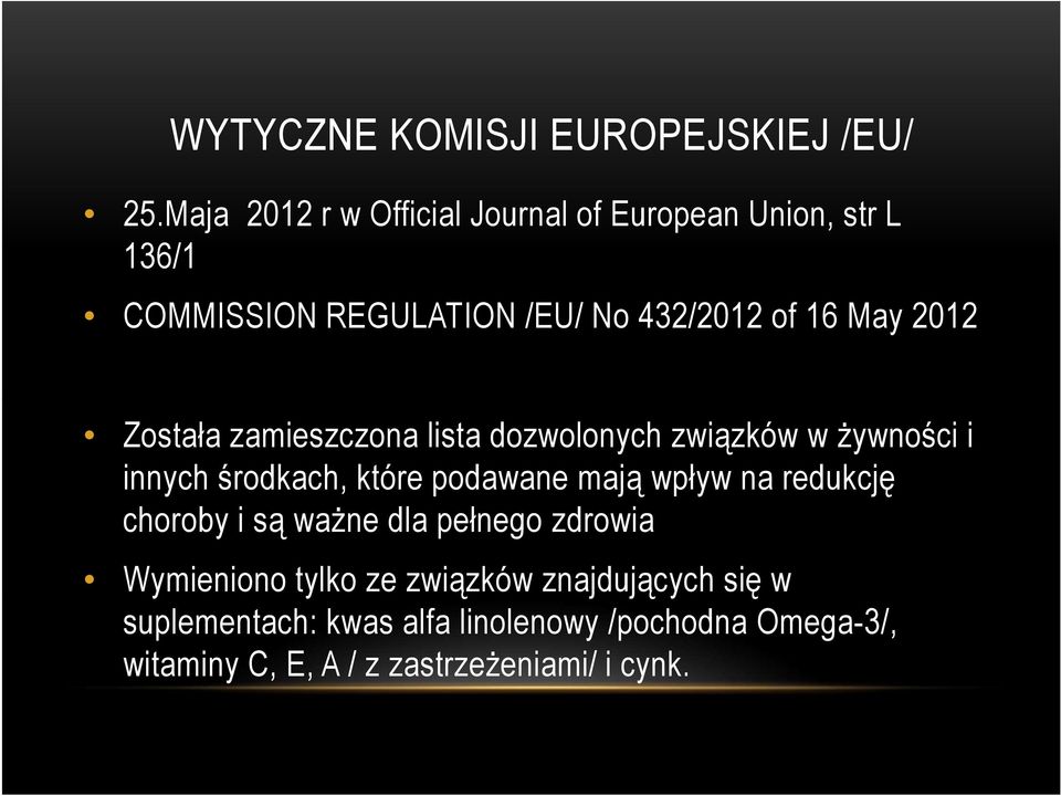 2012 Została zamieszczona lista dozwolonych związków w żywności i innych środkach, które podawane mają wpływ na