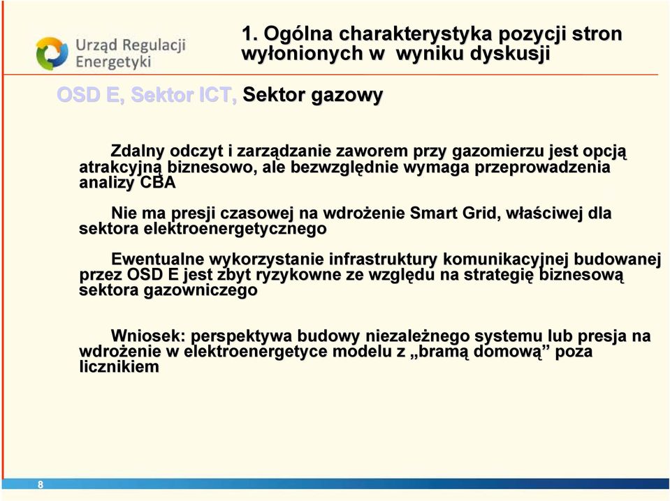 bezwzględnie wymaga przeprowadzenia analizy CBA Nie ma presji czasowej na wdrożenie Smart Grid, właściwej w dla sektora elektroenergetycznego Ewentualne