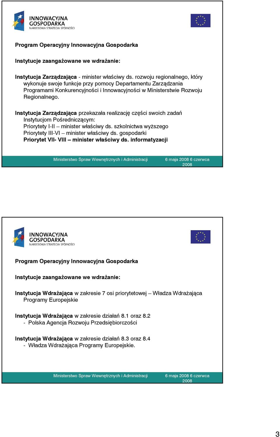 Instytucja Zarządzająca przekazała realizację części swoich zadań Instytucjom Pośredniczącym: Priorytety I-II minister właściwy ds. szkolnictwa wyższego Priorytety III-VI minister właściwy ds.