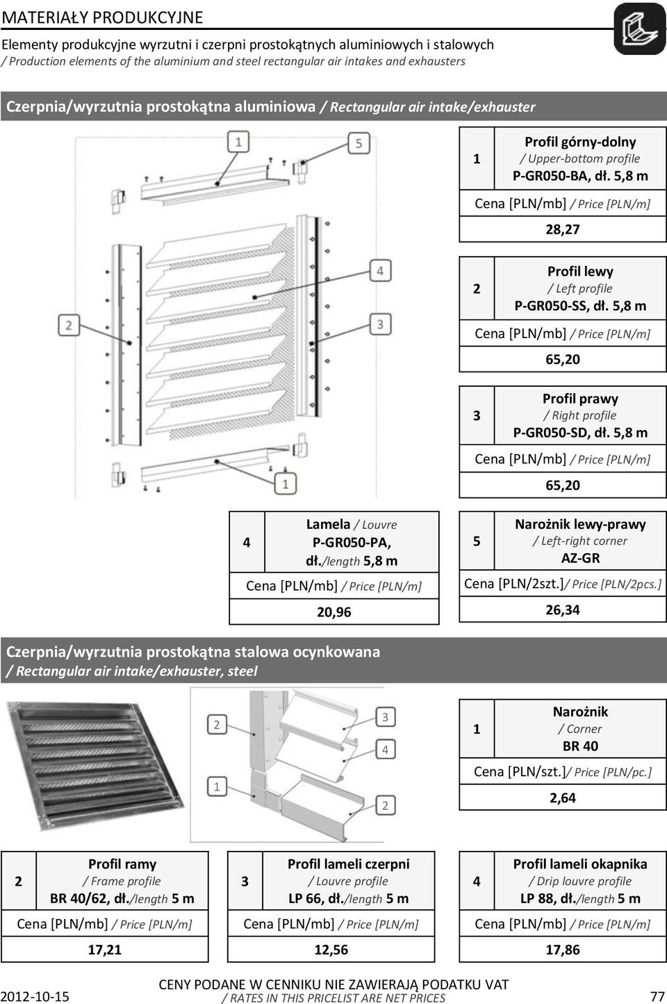 /length, m 0,9 Narożnik lewy-prawy / Left-right corner AZ-GR Cena [PLN/szt.]/ Price [PLN/pcs.