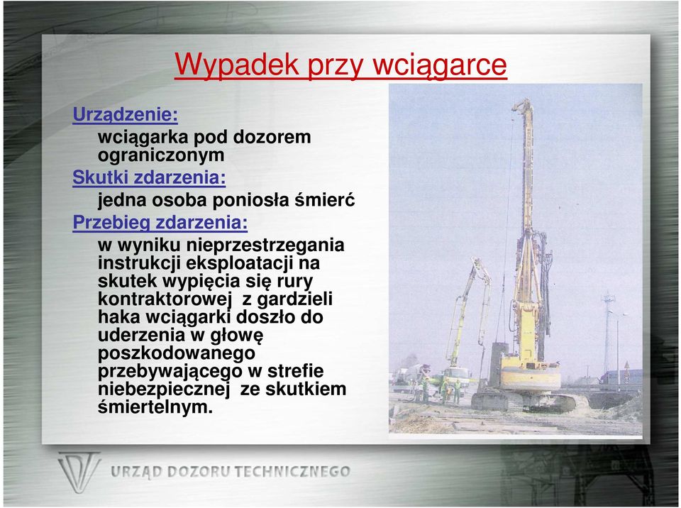 eksploatacji na skutek wypięcia się rury kontraktorowej z gardzieli haka wciągarki doszło