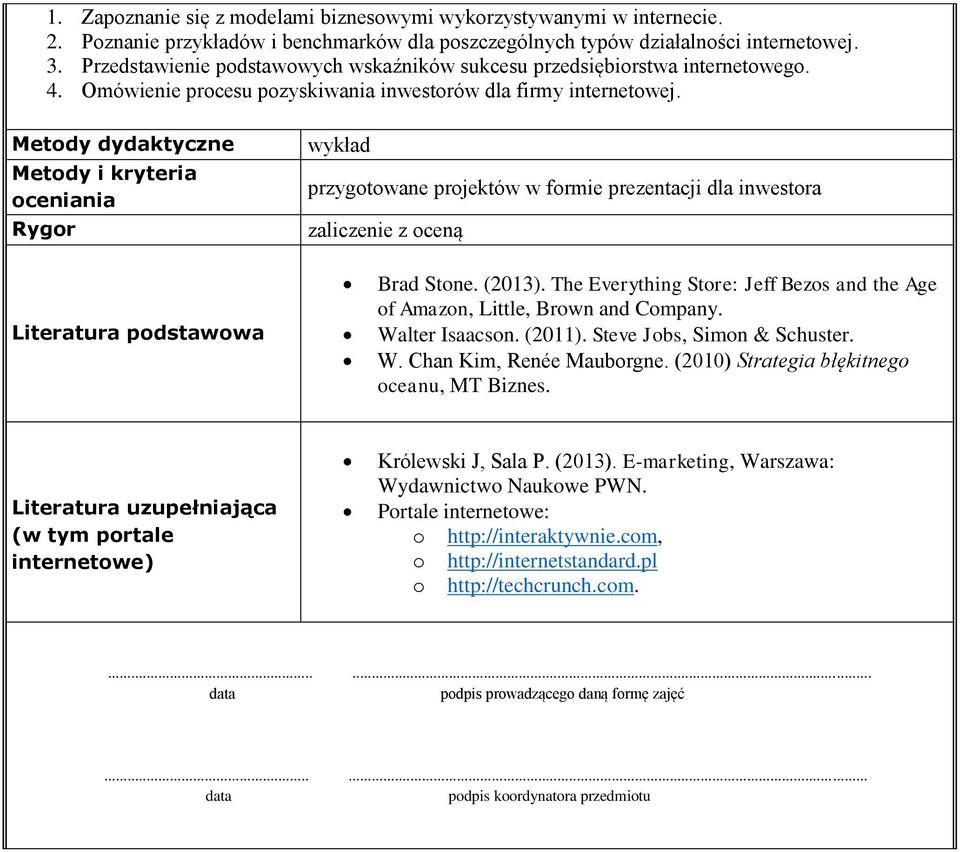 Metody dydaktyczne Metody i kryteria oceniania Rygor wykład przygotowane projektów w formie prezentacji dla inwestora Literatura podstawowa Brad Stone. (2013).