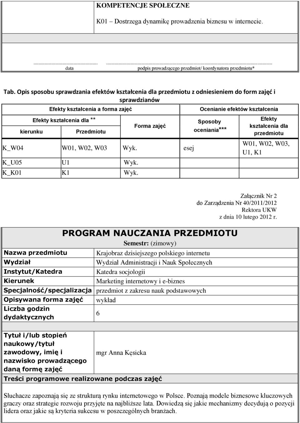 Przedmiotu Forma zajęć Sposoby oceniania*** Efekty kształcenia dla K_W04 W01, W02, W03 Wyk. esej K_U05 U1 Wyk. K_K01 K1 Wyk.