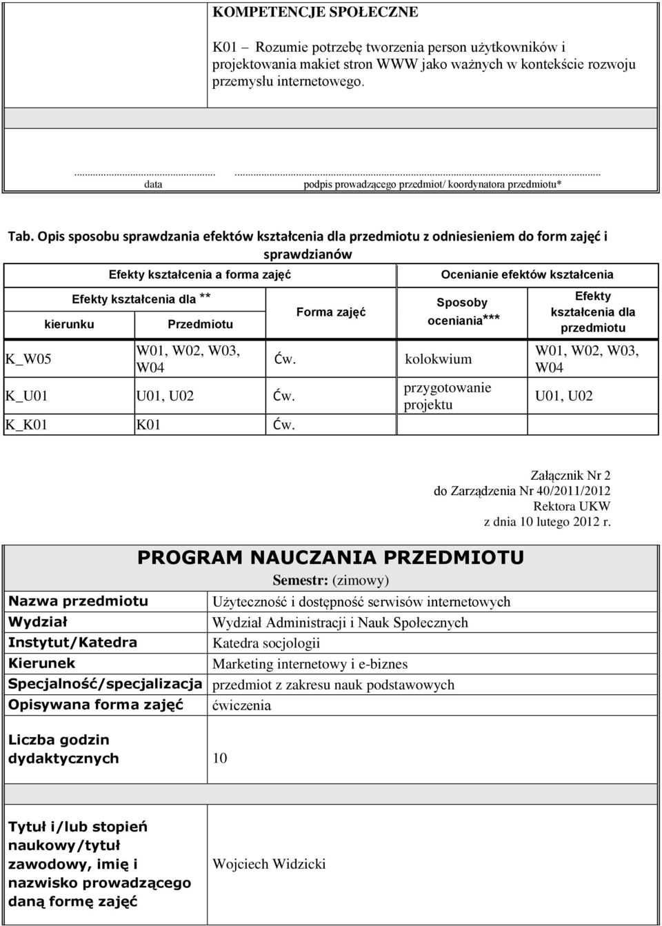 Opis sposobu sprawdzania efektów kształcenia dla z odniesieniem do form zajęć i sprawdzianów Efekty kształcenia a forma zajęć Ocenianie efektów kształcenia kierunku Efekty kształcenia dla **