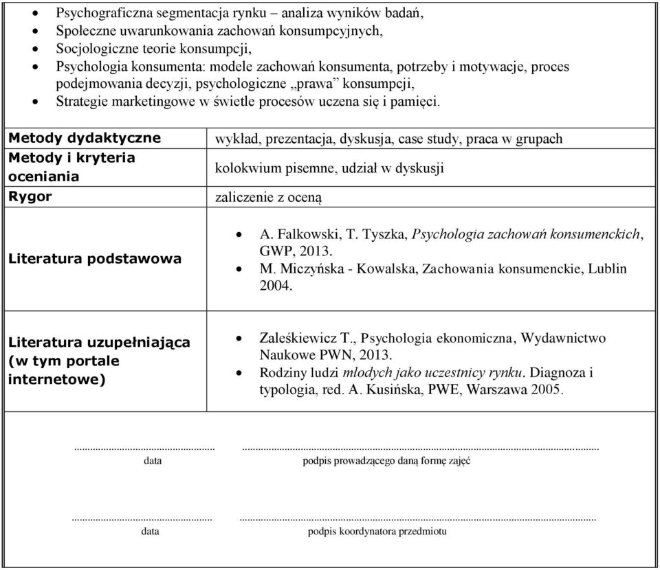 Metody dydaktyczne Metody i kryteria oceniania Rygor wykład, prezentacja, dyskusja, case study, praca w grupach kolokwium pisemne, udział w dyskusji Literatura podstawowa A. Falkowski, T.