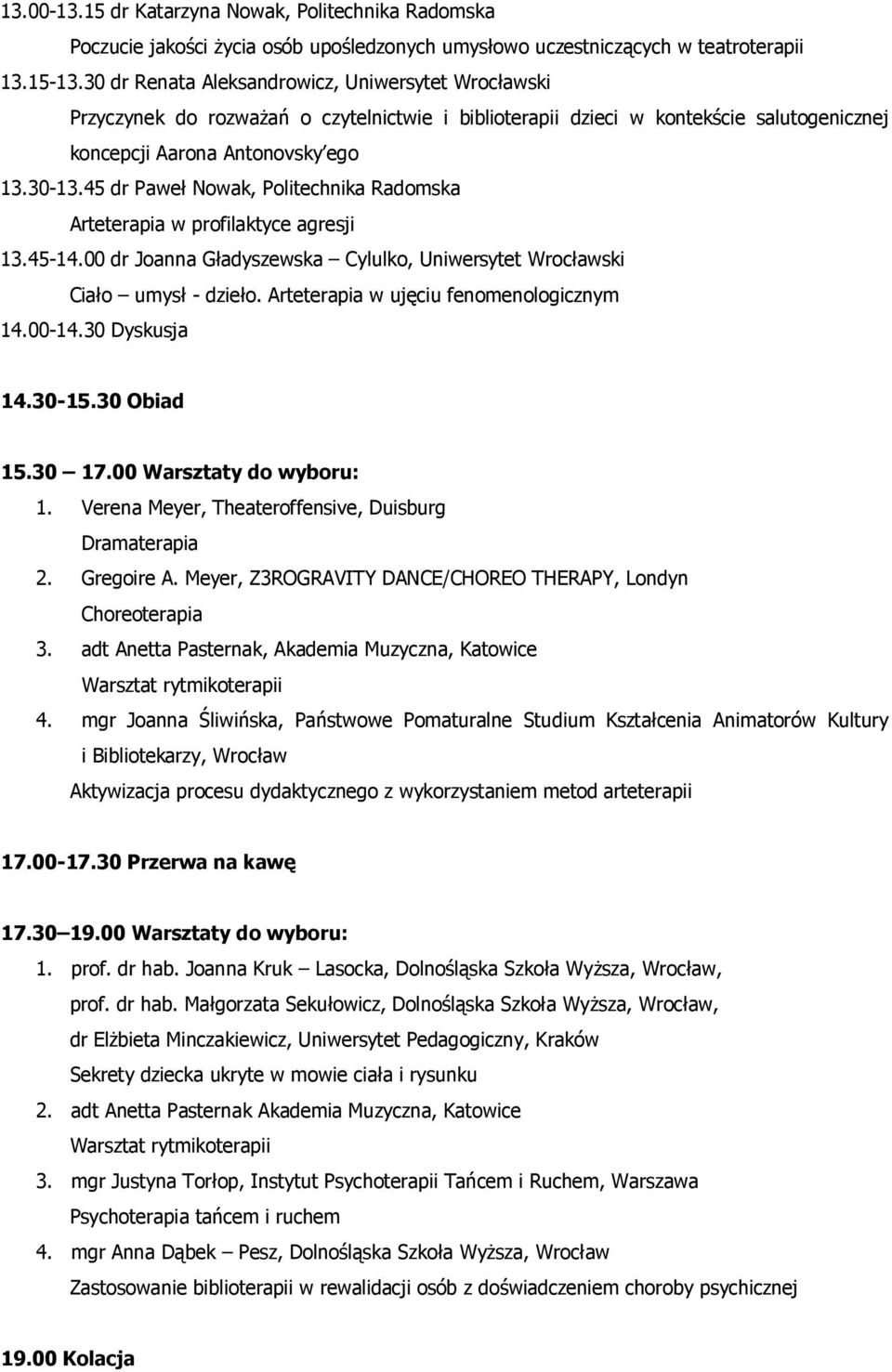 45 dr Paweł Nowak, Politechnika Radomska Arteterapia w profilaktyce agresji 13.45-14.00 dr Joanna Gładyszewska Cylulko, Uniwersytet Wrocławski Ciało umysł - dzieło.