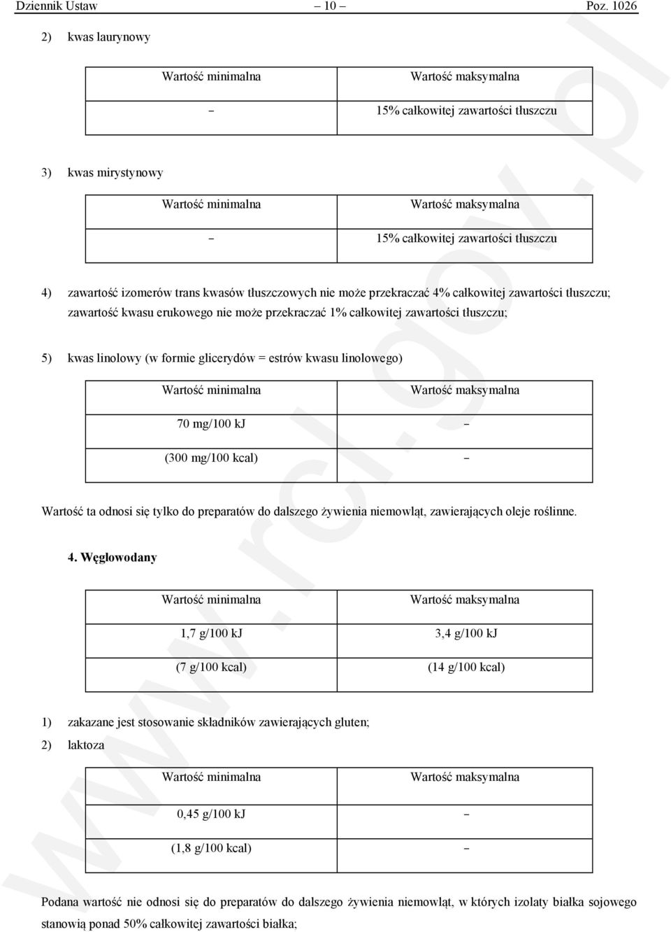 zawartości tłuszczu; zawartość kwasu erukowego nie może przekraczać 1% całkowitej zawartości tłuszczu; 5) kwas linolowy (w formie glicerydów = estrów kwasu linolowego) 70 mg/100 kj (300 mg/100 kcal)