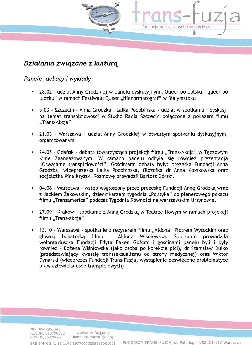 03 Warszawa udział Anny Grodzkiej w otwartym spotkaniu dyskusyjnym, organizowanym 24.05 Gdańsk debata towarzysząca projekcji filmu Trans-Akcja w Tęczowym Kinie Zaangażowanym.