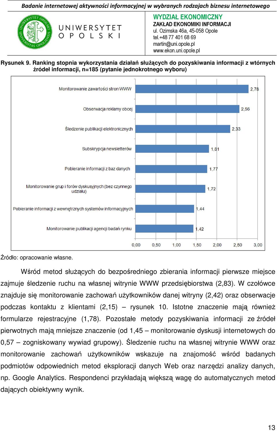 informacji pierwsze miejsce zajmuje śledzenie ruchu na własnej witrynie WWW przedsiębiorstwa (2,83).