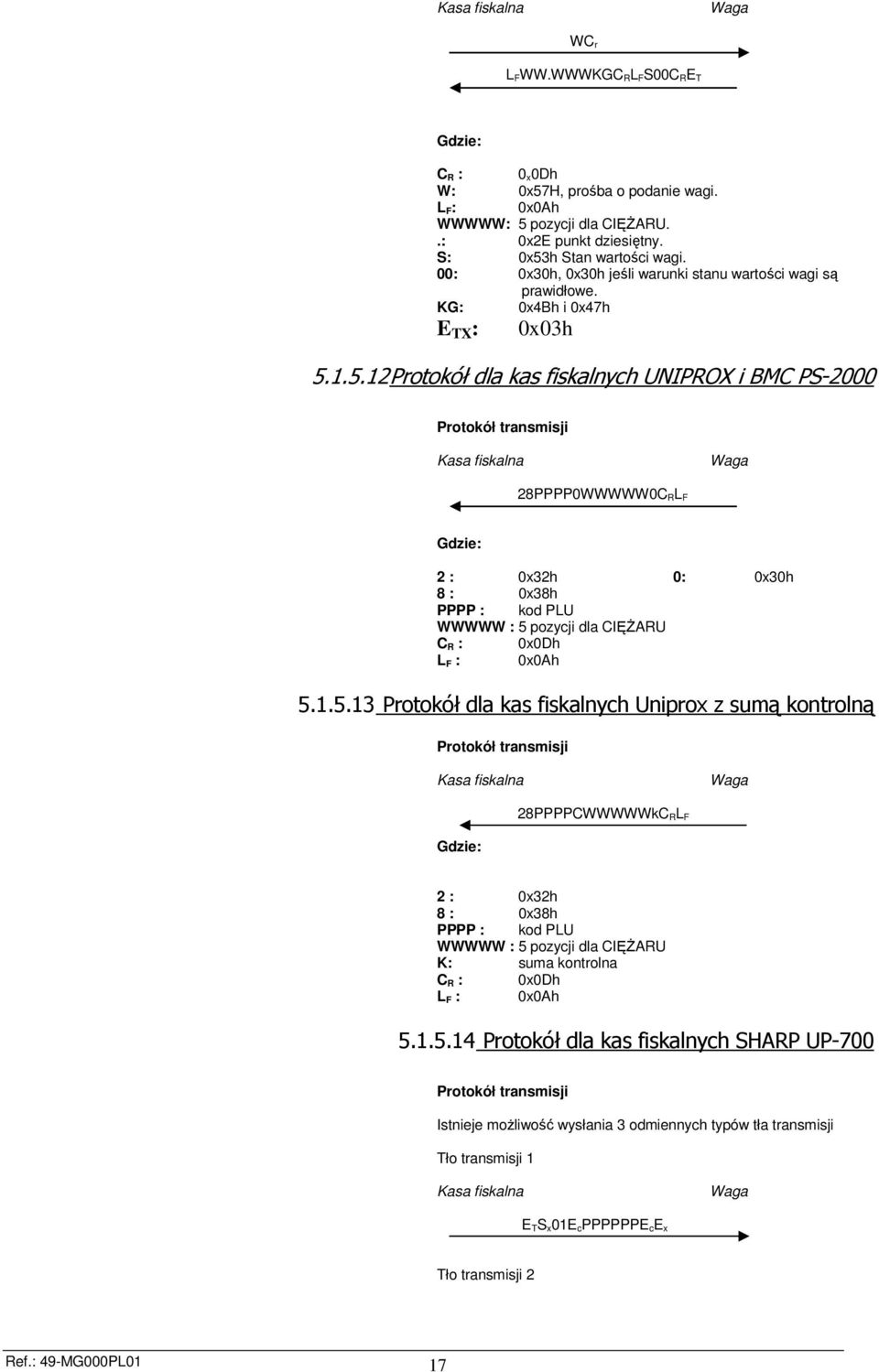 1.5.12 Protokół dla kas fiskalnych UNIPROX i BMC PS-2000 28PPPP0WWWWW0C RL F 2 : 0x32h 0: 0x30h 8 : 0x38h PPPP : kod PLU WWWWW : 5 pozycji dla CIĘśARU C R : 0x0Dh L F : 0x0Ah 5.1.5.13 Protokół dla kas fiskalnych Uniprox z sumą kontrolną 28PPPPCWWWWWkC RL F 2 : 0x32h 8 : 0x38h PPPP : kod PLU WWWWW : 5 pozycji dla CIĘśARU K: suma kontrolna C R : 0x0Dh L F : 0x0Ah 5.