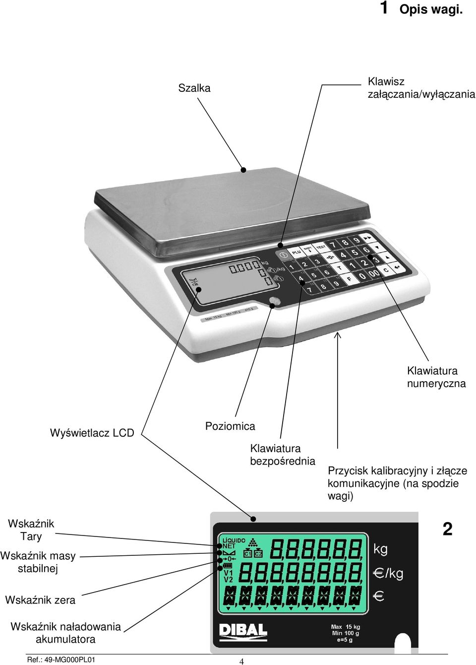 Wskaźnik masy stabilnej Wyświetlacz LCD Poziomica Klawiatura