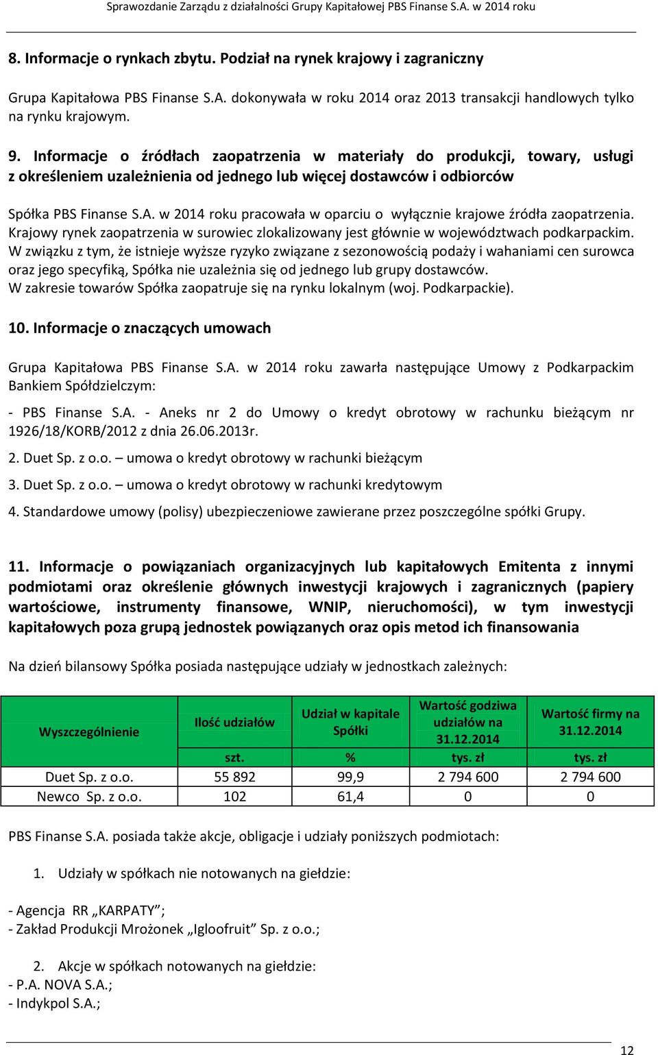 Informacje o źródłach zaopatrzenia w materiały do produkcji, towary, usługi z określeniem uzależnienia od jednego lub więcej dostawców i odbiorców Spółka w 2014 roku pracowała w oparciu o wyłącznie