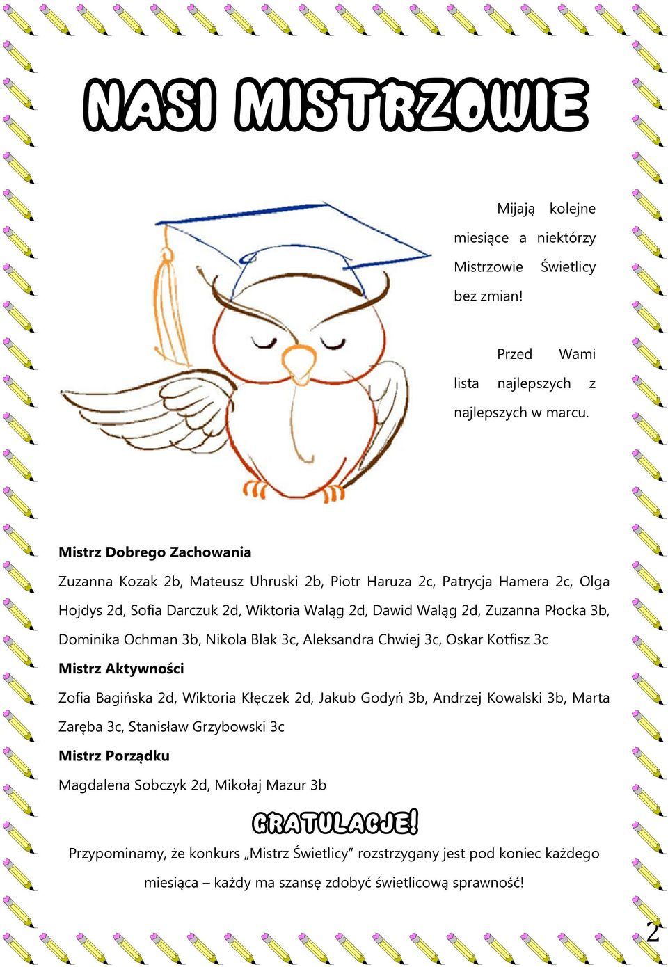 3b, Dominika Ochman 3b, Nikola Blak 3c, Aleksandra Chwiej 3c, Oskar Kotfisz 3c Mistrz Aktywności Zofia Bagińska 2d, Wiktoria Kłęczek 2d, Jakub Godyń 3b, Andrzej Kowalski 3b, Marta