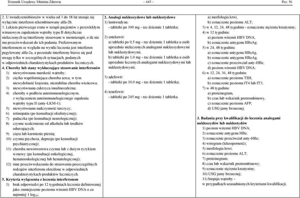 Lekiem pierwszego rzutu w terapii pacjentów z przewlekłym wirusowym zapaleniem wątroby typu B dotychczas nieleczonych są interferony stosowane w monoterapii, o ile nie ma przeciwwskazań do ich