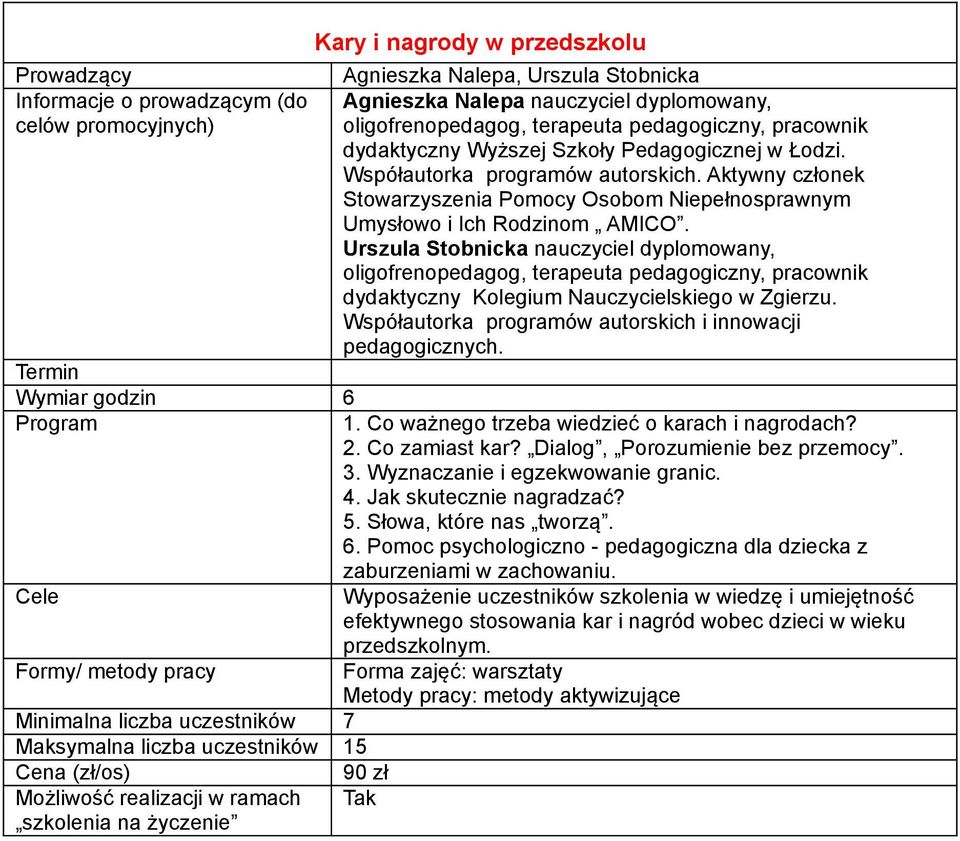 Współautorka programów autorskich i innowacji pedagogicznych. Wymiar godzin 6 Program 1. Co ważnego trzeba wiedzieć o karach i nagrodach? 2. Co zamiast kar? Dialog, Porozumienie bez przemocy. 3.