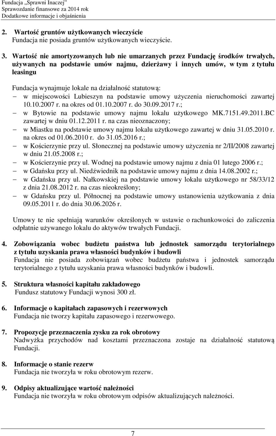 działalność statutową: w miejscowości Lubieszyn na podstawie umowy użyczenia nieruchomości zawartej 10.10.2007 r. na okres od 01.10.2007 r. do 30.09.2017 r.
