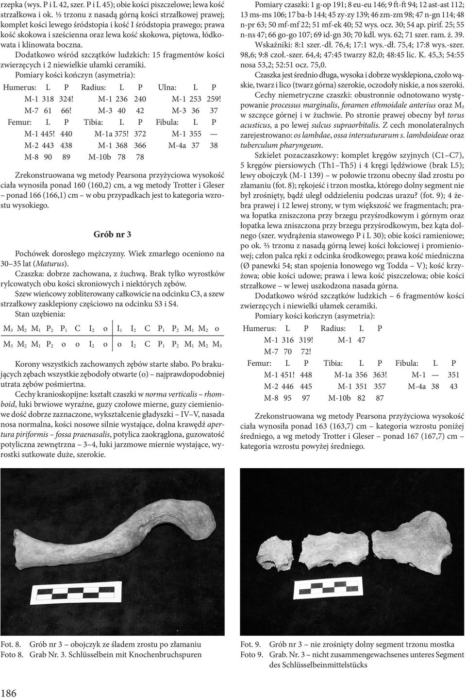 boczna. Dodatkowo wśród szczątków ludzkich: 15 fragmentów kości zwierzęcych i 2 niewielkie ułamki ceramiki. Pomiary kości kończyn (asymetria): Humerus: L P Radius: L P Ulna: L P M-1 318 324!