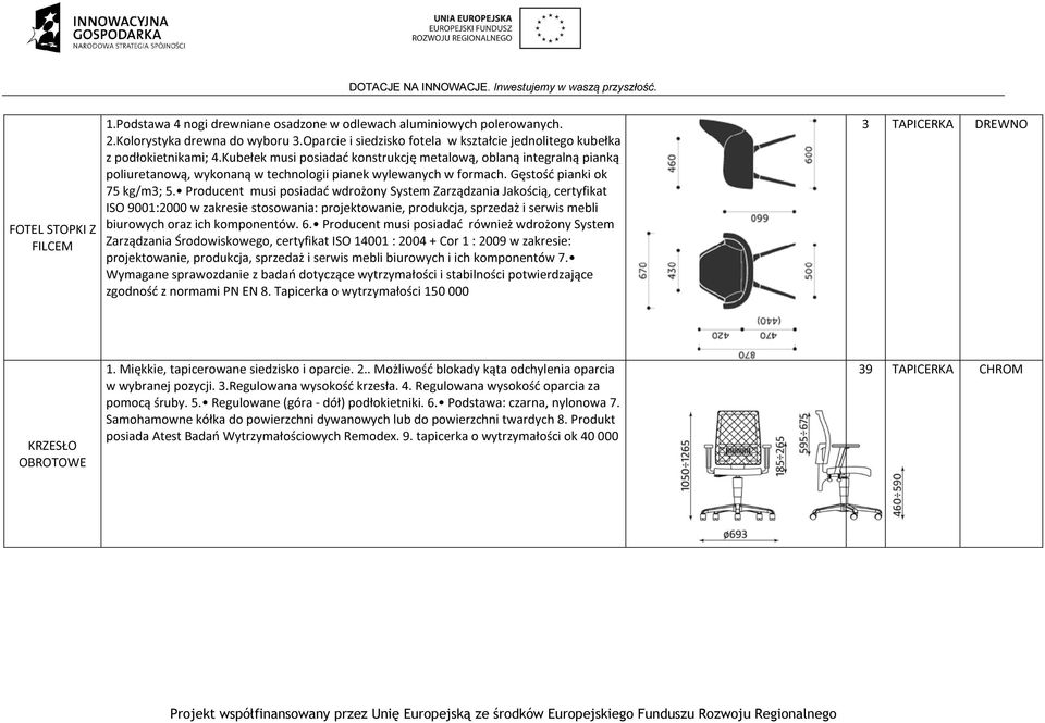 Kubełek musi posiadać konstrukcję metalową, oblaną integralną pianką poliuretanową, wykonaną w technologii pianek wylewanych w formach. Gęstość pianki ok 75 kg/m3; 5.