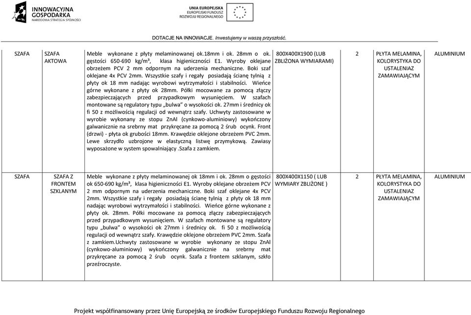 Półki mocowane za pomocą złączy zabezpieczających przed przypadkowym wysunięciem. W szafach montowane są regulatory typu bulwa o wysokości ok.