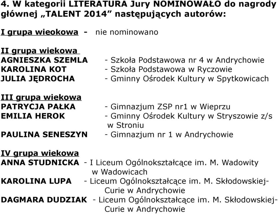 Gimnazjum ZSP nr1 w Wieprzu - Gminny Ośrodek Kultury w Stryszowie z/s w Stroniu - Gimnazjum nr 1 w Andrychowie ANNA STUDNICKA - I Liceum Ogólnokształcące im. M.