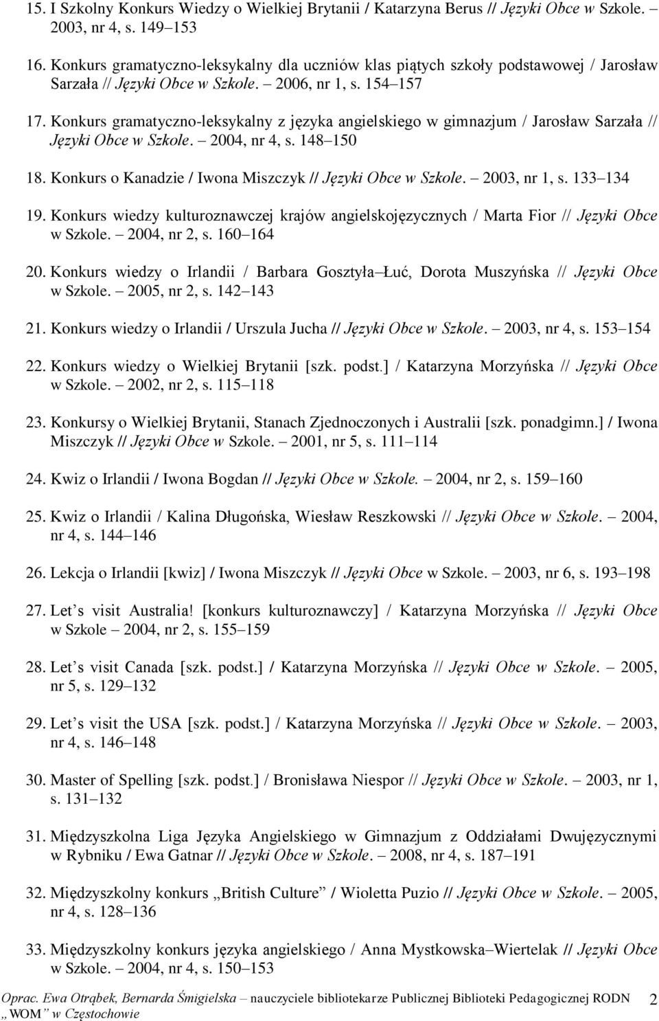 Konkurs gramatyczno-leksykalny z języka angielskiego w gimnazjum / Jarosław Sarzała // Języki Obce w Szkole. 2004, nr 4, s. 148 150 18. Konkurs o Kanadzie / Iwona Miszczyk // Języki Obce w Szkole.