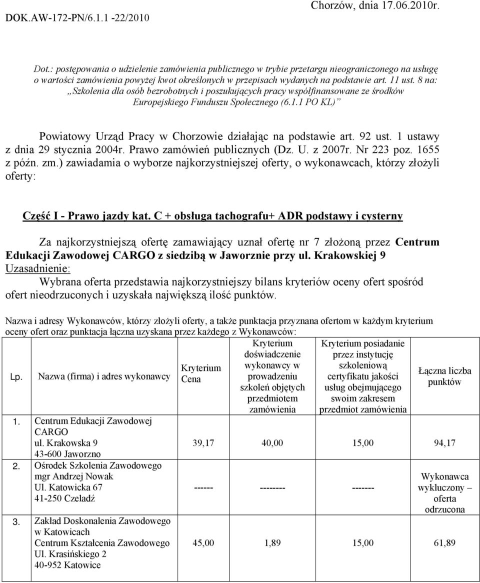 8 na: Szkolenia dla osób bezrobotnych i poszukujących pracy współfinansowane ze środków Europejskiego Funduszu Społecznego (6.1.1 PO KL) Powiatowy Urząd Pracy w Chorzowie działając na podstawie art.