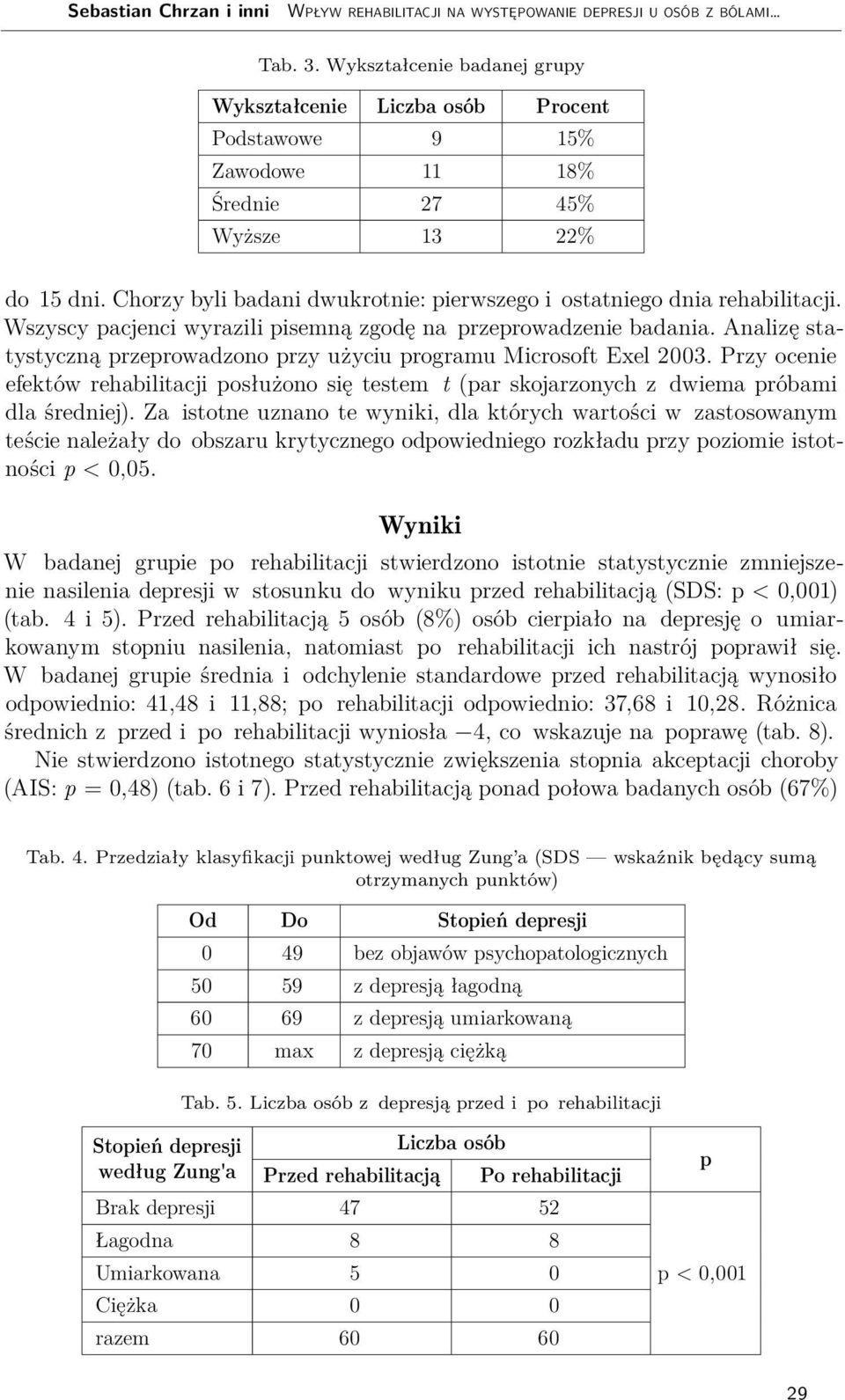 Chorzy byli badani dwukrotnie: pierwszego i ostatniego dnia rehabilitacji. Wszyscy pacjenci wyrazili pisemną zgodę na przeprowadzenie badania.