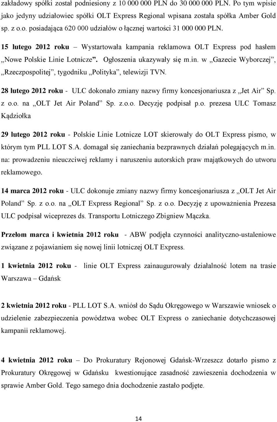 28 lutego 2012 roku - ULC dokonało zmiany nazwy firmy koncesjonariusza z Jet Air Sp. z o.o. na OLT Jet Air Poland Sp. z.o.o. Decyzję podpisał p.o. prezesa ULC Tomasz Kądziołka 29 lutego 2012 roku - Polskie Linie Lotnicze LOT skierowały do OLT Express pismo, w którym tym PLL LOT S.