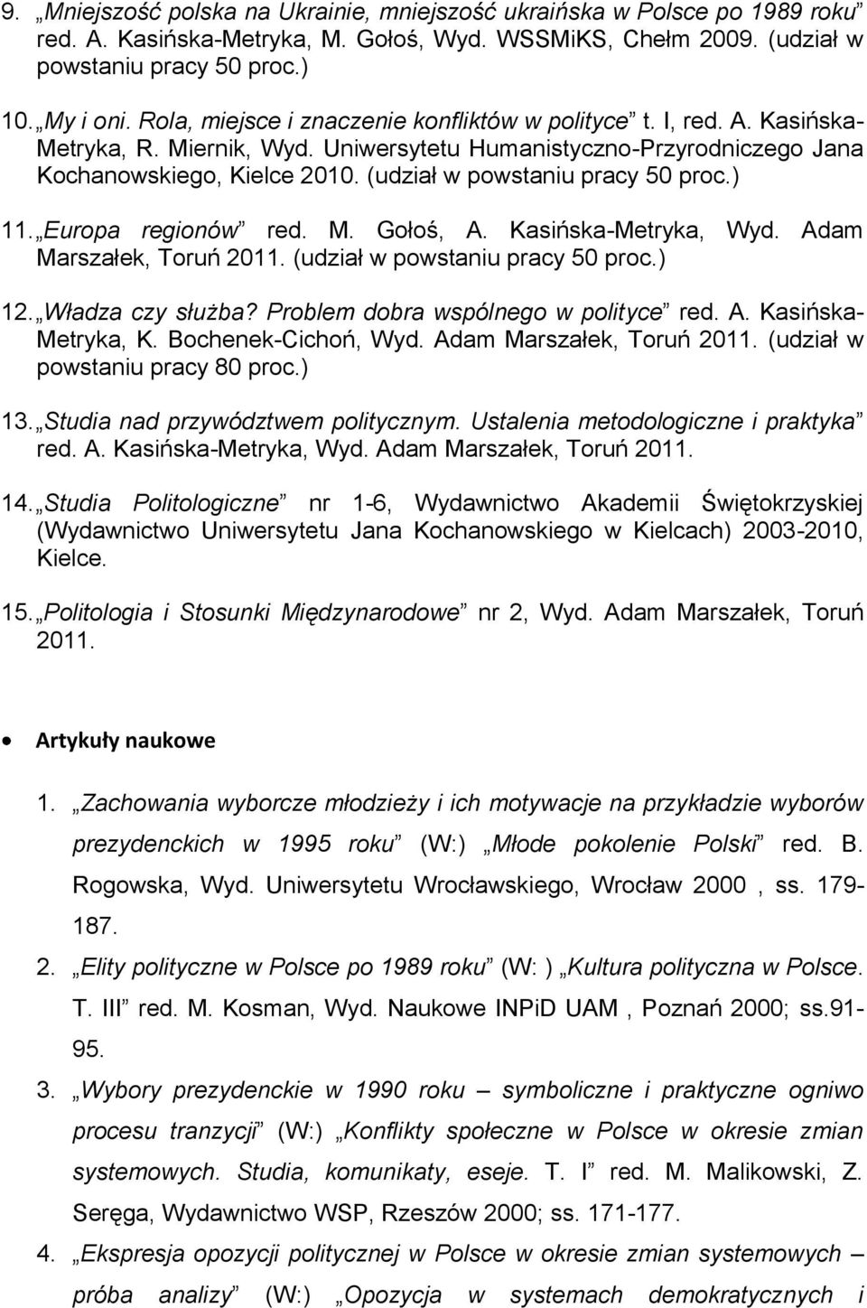 (udział w powstaniu pracy 50 proc.) 11. Europa regionów red. M. Gołoś, A. Kasińska-Metryka, Wyd. Adam Marszałek, Toruń 2011. (udział w powstaniu pracy 50 proc.) 12. Władza czy służba?