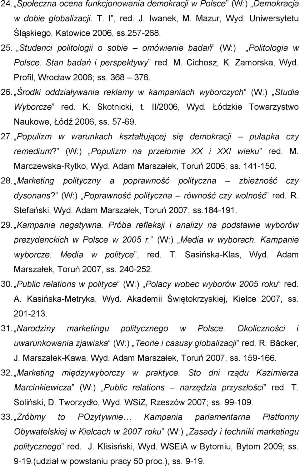 Środki oddziaływania reklamy w kampaniach wyborczych (W:) Studia Wyborcze red. K. Skotnicki, t. II/2006, Wyd. Łódzkie Towarzystwo Naukowe, Łódź 2006, ss. 57-69. 27.