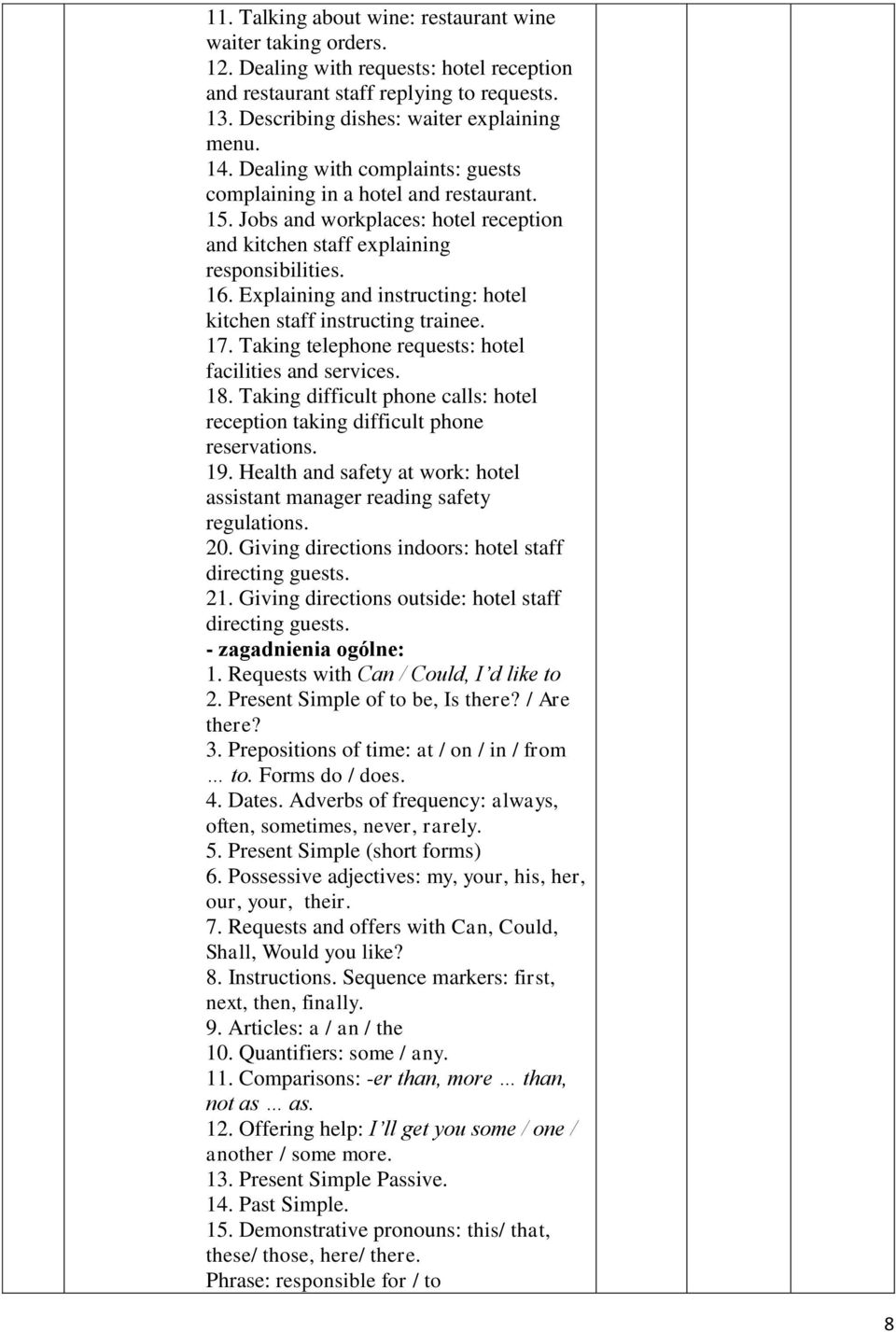 Explaining and instructing: hotel kitchen staff instructing trainee. 17. Taking telephone requests: hotel facilities and services. 18.