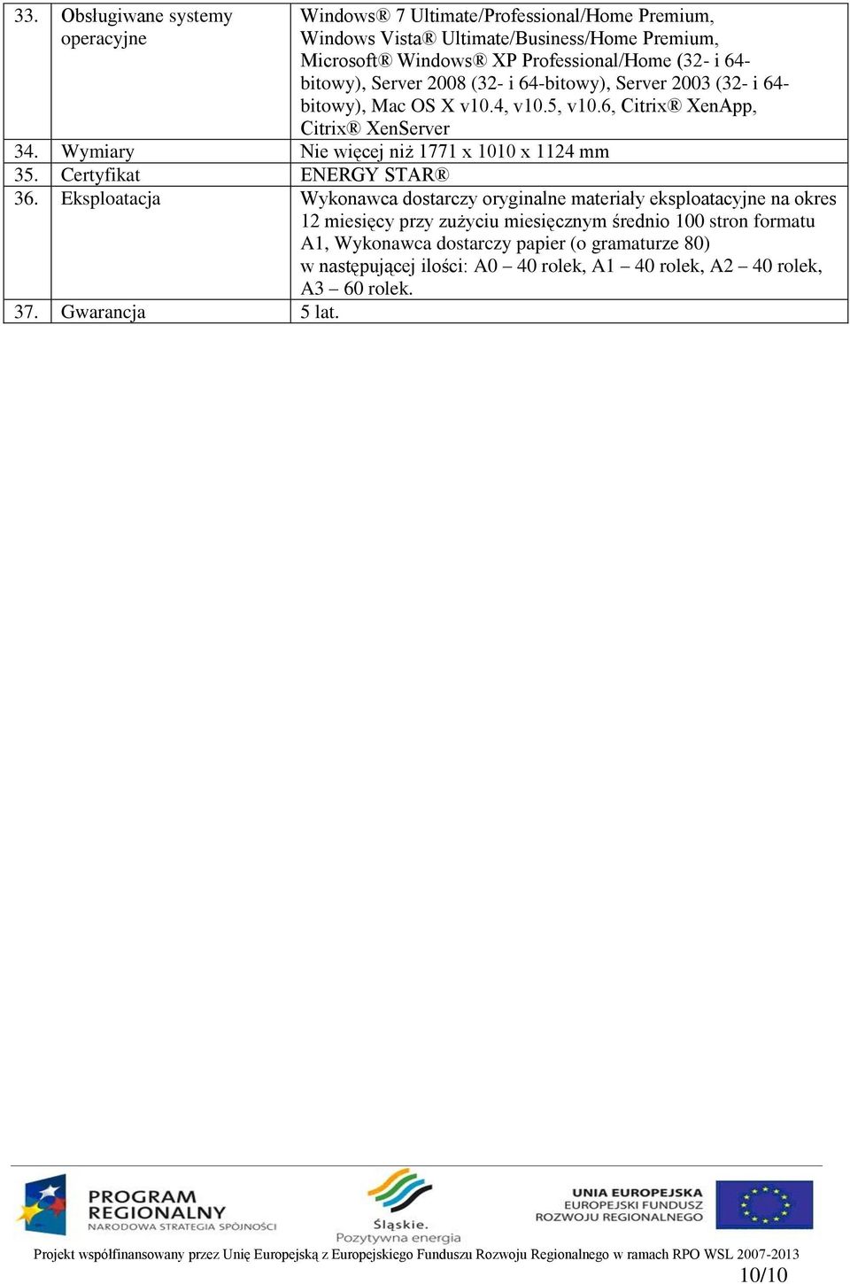 Wymiary Nie więcej niż 1771 x 1010 x 1124 mm 35. Certyfikat ENERGY STAR 36.