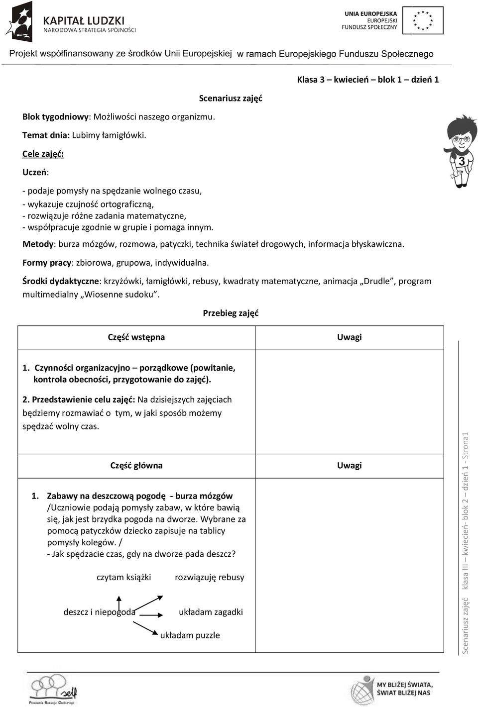 Scenariusz zajęć Metody: burza mózgów, rozmowa, patyczki, technika świateł drogowych, informacja błyskawiczna. Formy pracy: zbiorowa, grupowa, indywidualna.