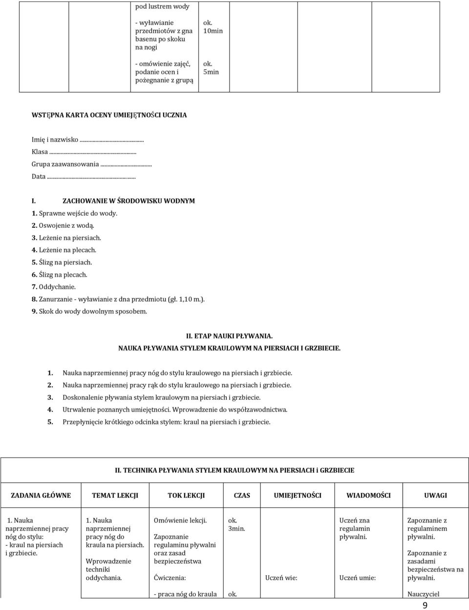Zanurzanie - wyławianie z dna przedmiotu (gł. 1,10 m.). 9. Skok dowolnym sposobem. II. ETAP NAUKI PŁYWANIA. NAUKA PŁYWANIA STYLEM KRAULOWYM NA PIERSIACH I GRZBIECIE. 1. Nauka pracy nóg do stylu kraulowego na i.