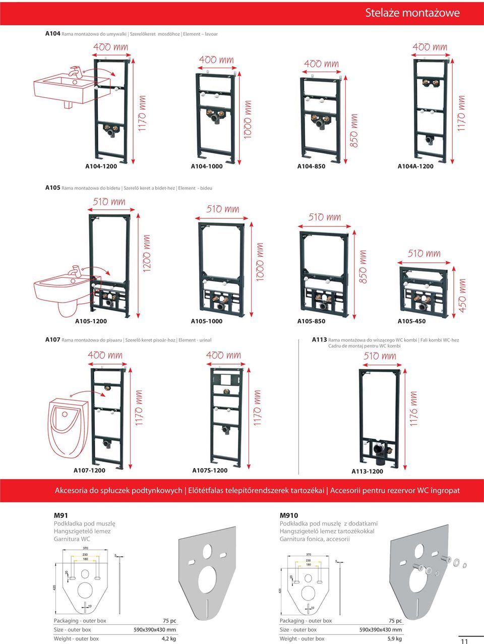 A105-850 A105-450 A107 Rama montażowa do pisuaru Szerelő keret pisoár-hoz Element - urinal 400 mm 510 mm 400 mm A113 Rama montażowa do wiszącego WC kombi Fali kombi WC-hez Cadru de montaj pentru WC