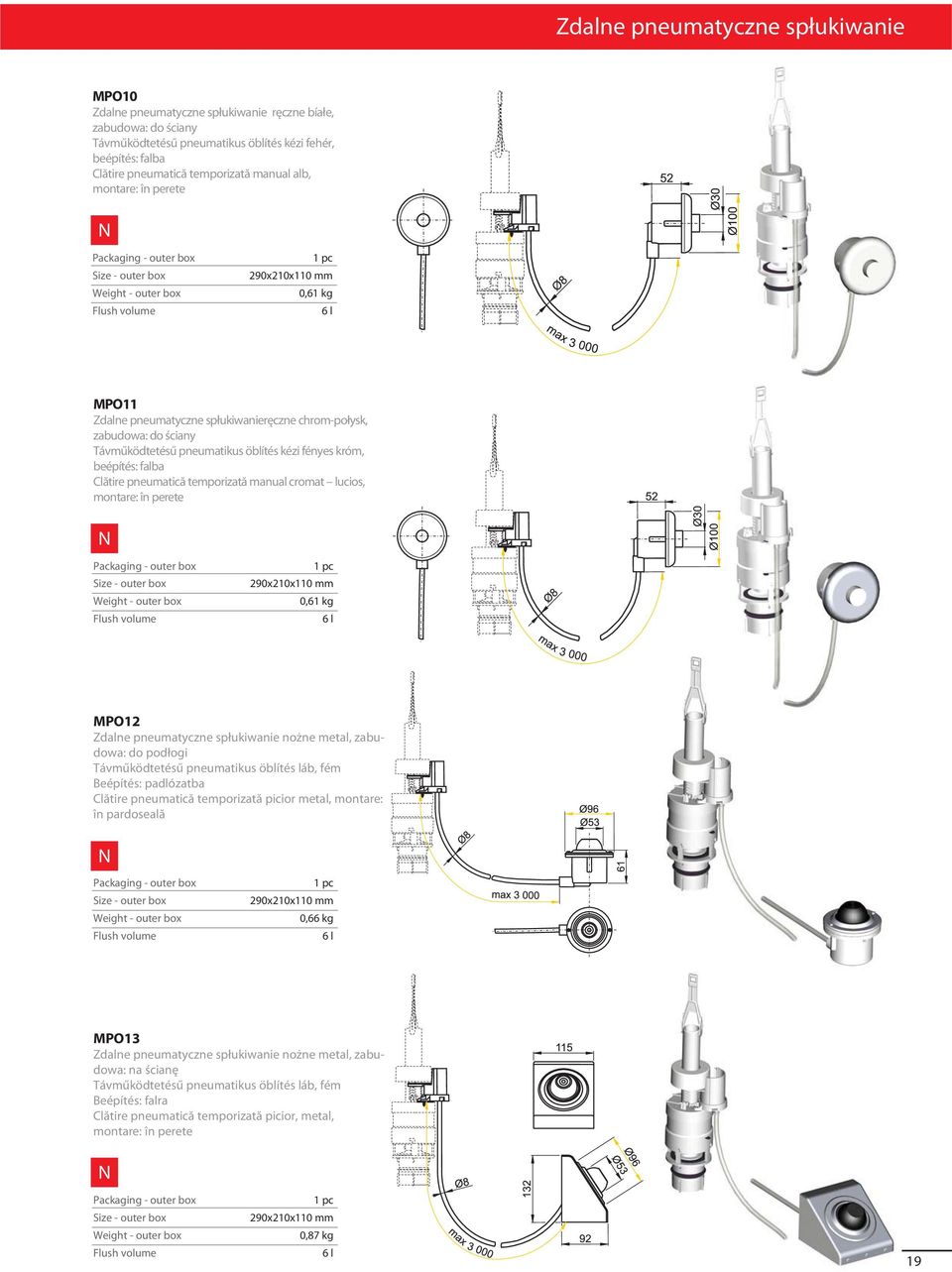 fényes króm, beépítés: falba Clătire pneumatică temporizată manual cromat lucios, montare: în perete Flush volume 1 pc 290x210x110 mm 0,61 kg 6 l MPO12 Zdalne pneumatyczne spłukiwanie nożne metal,