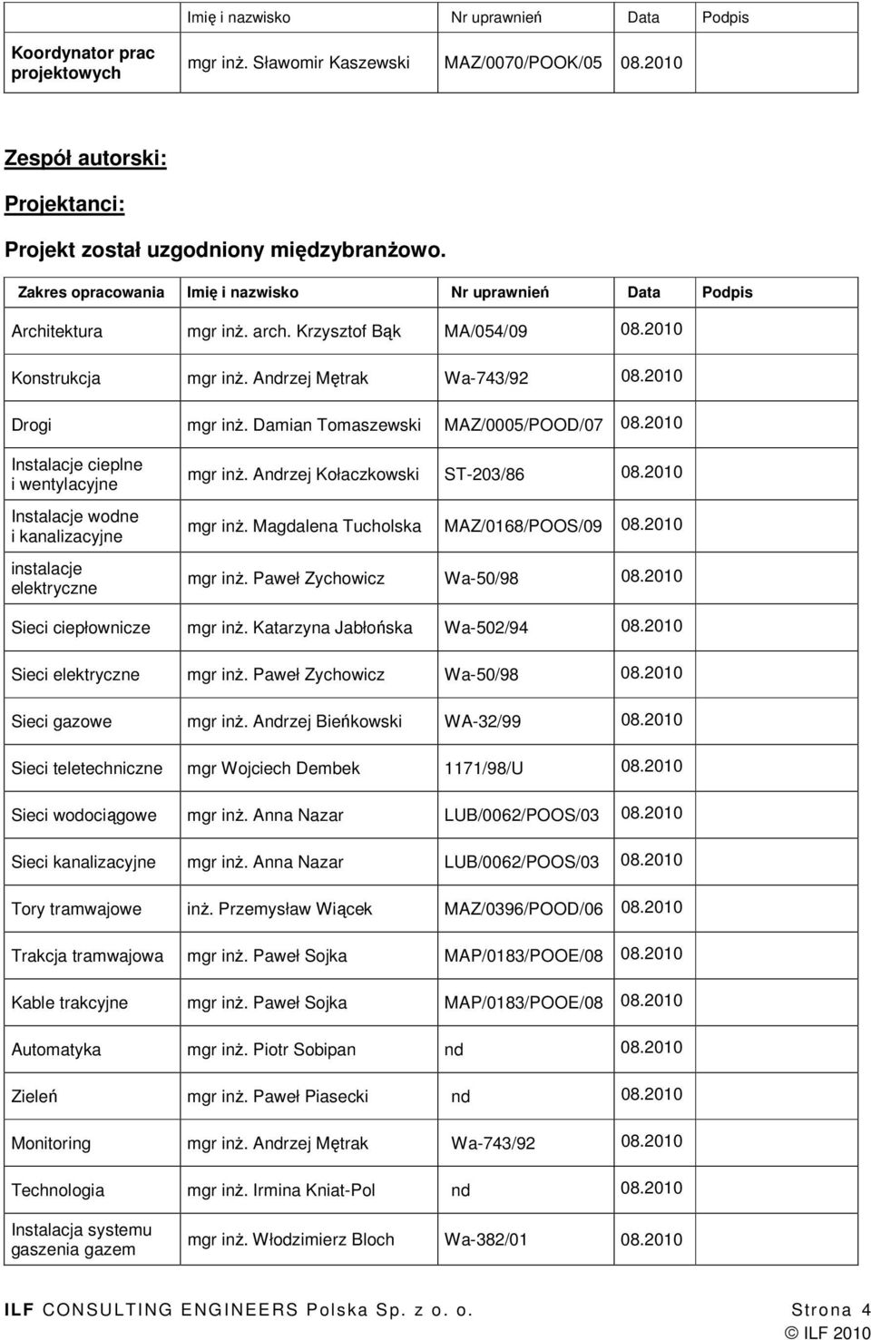 Damian Tomaszewski MAZ/0005/POOD/07 08.2010 Instalacje cieplne i wentylacyjne Instalacje wodne i kanalizacyjne instalacje elektryczne mgr inŝ. Andrzej Kołaczkowski ST-203/86 08.2010 mgr inŝ.