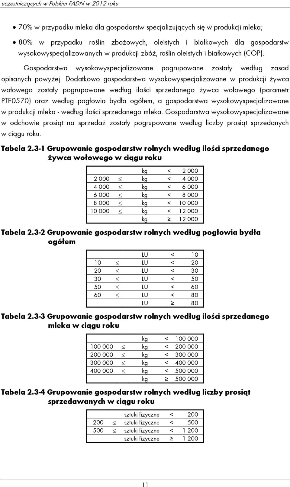 Dodatkowo gospodarstwa wysokowyspecjalizowane w produkcji żywca wołowego zostały pogrupowane według ilości sprzedanego żywca wołowego (parametr PTE0570) oraz według pogłowia bydła ogółem, a