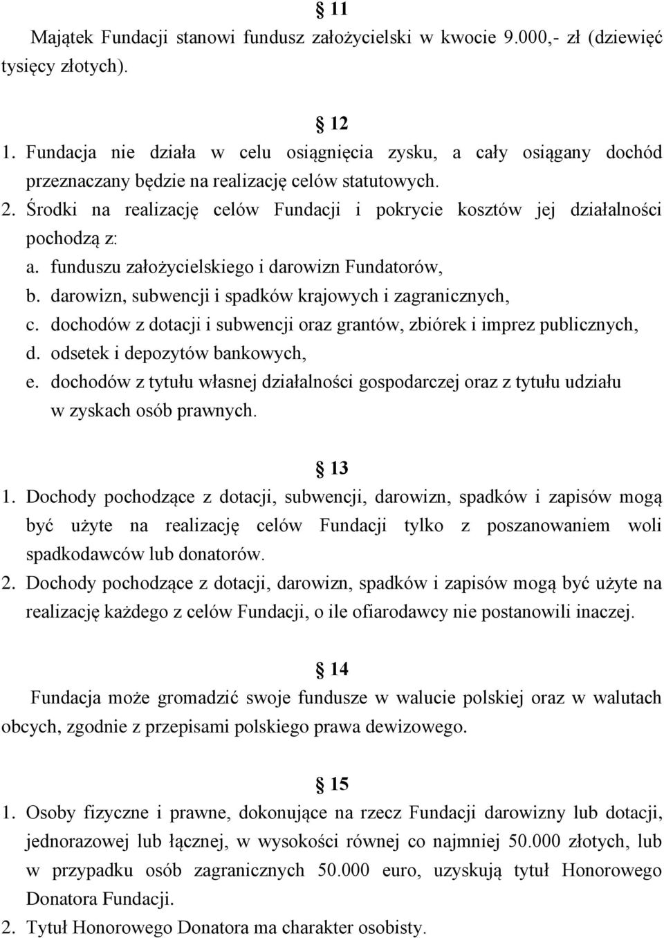Środki na realizację celów Fundacji i pokrycie kosztów jej działalności pochodzą z: a. funduszu założycielskiego i darowizn Fundatorów, b. darowizn, subwencji i spadków krajowych i zagranicznych, c.