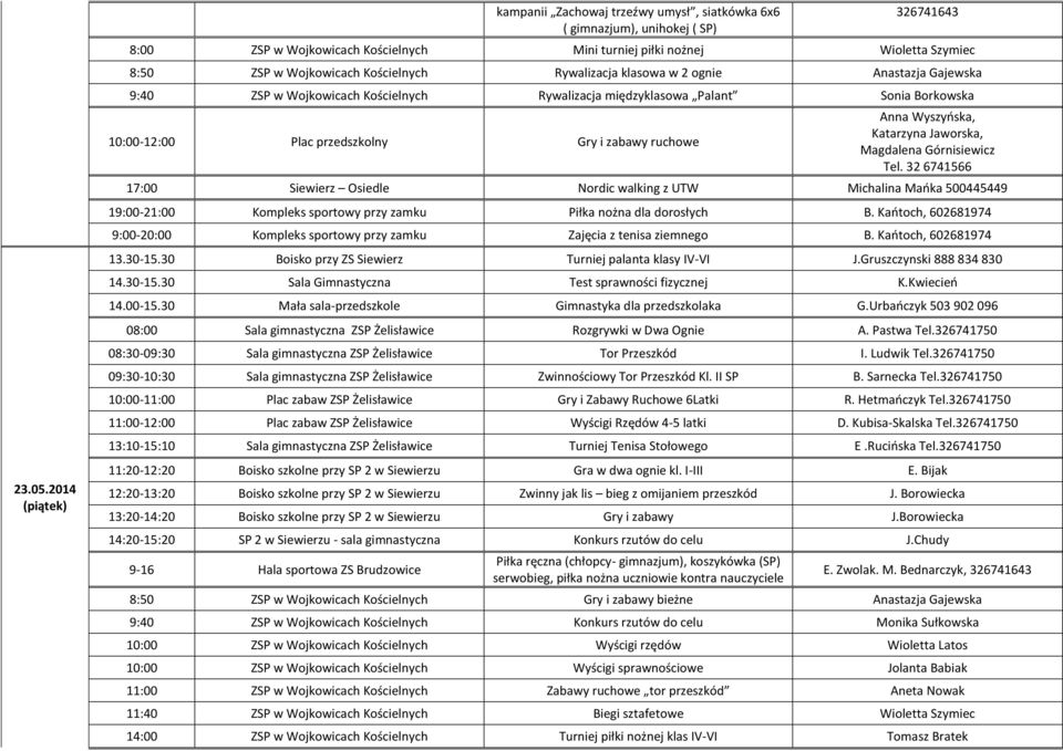 Wojkowicach Kościelnych Rywalizacja klasowa w 2 ognie Anastazja Gajewska 9:40 ZSP w Wojkowicach Kościelnych Rywalizacja międzyklasowa Palant Sonia Borkowska 10:00-12:00 Plac przedszkolny Gry i zabawy