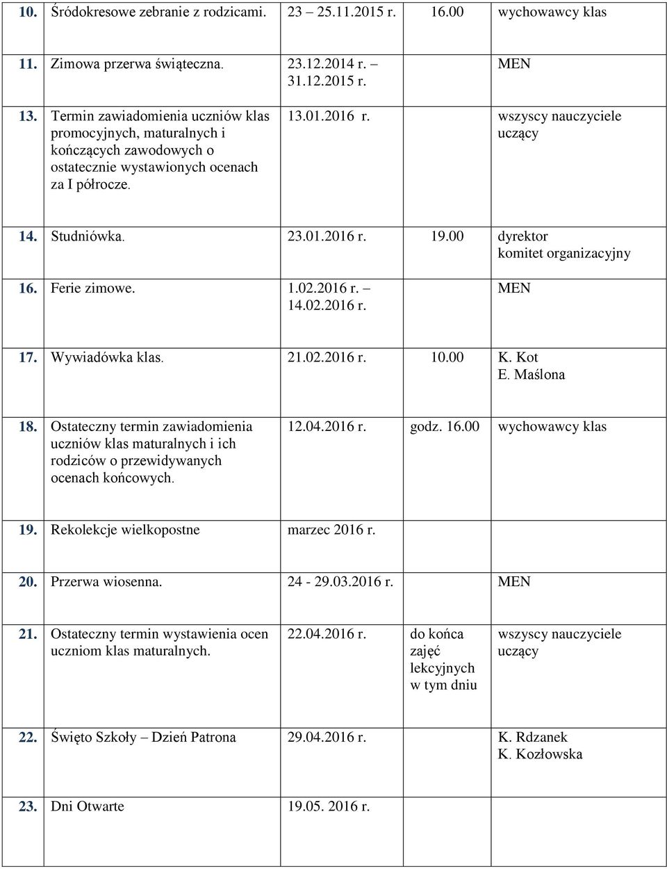 00 dyrektor komitet organizacyjny 16. Ferie zimowe. 1.02.2016 r. 14.02.2016 r. MEN 17. Wywiadówka klas. 21.02.2016 r. 10.00 K. Kot E. Maślona 18.