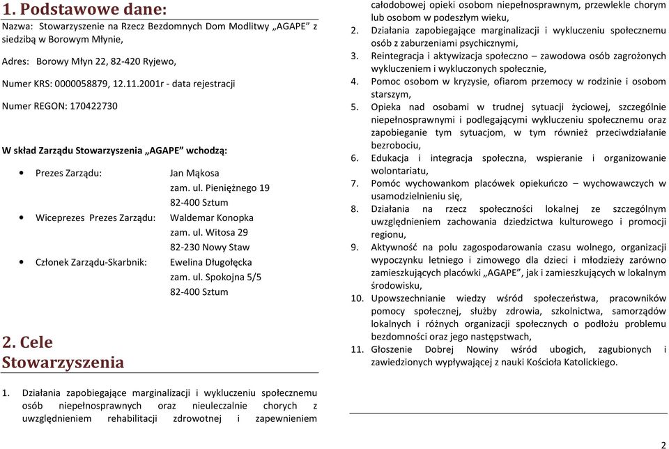 Pieniężnego 19 82-400 Sztum Wiceprezes Prezes Zarządu: Waldemar Konopka zam. ul. Witosa 29 82-230 Nowy Staw Członek Zarządu-Skarbnik: Ewelina Długołęcka zam. ul. Spokojna 5/5 82-400 Sztum 2.