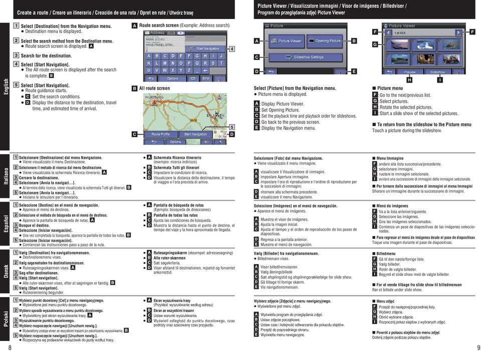 Route search screen is displayed. Search for the destination. Select [Start Navigation]. The ll route screen is displayed after the search is complete. Select [Start Navigation]. Route guidance starts.