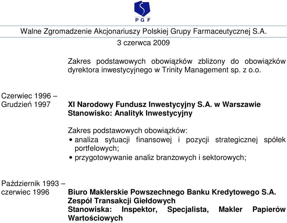 przygotowywanie analiz branŝowych i sektorowych; Październik 1993 czerwiec 1996 Biuro Maklerskie Powszechnego Banku Kredytowego S.
